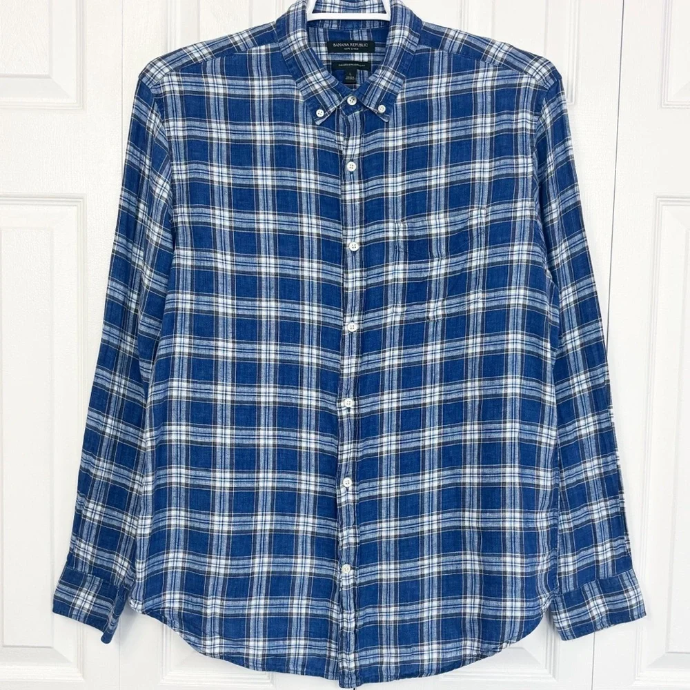 Banana Republic Blue Plaid 100% Linen Camden Standard Fit Shirt Large